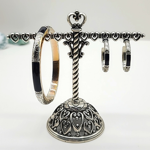 Brighton "WILTERN" Black Enamel, Scrolls, & Swarovski Crystals Bangle & Earrings - Picture 3 of 14